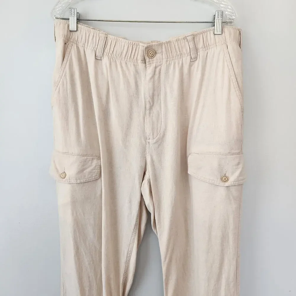 Roundtree & Yorke Cargo Linen Blend Pants Men's 38x30 (36x28.5) Tan Coastal Boho